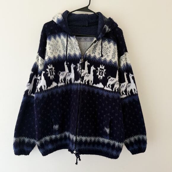 Andino Artesanias Alpaca Wool Zip Jacket L Blue Fair Isle Llama Knit Hooded - Picture 1 of 6